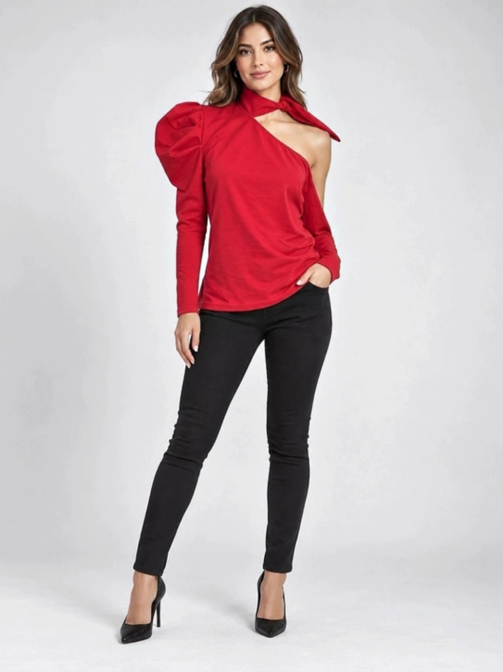 New Red One-Shoulder Puff Sleeve Top - Picture 1 of 4